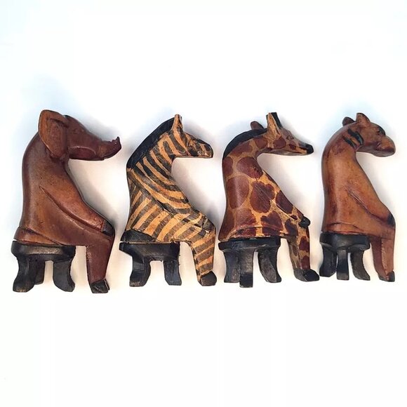 Hand Carved African Safari Animals Wood Wooden Sitting Figures Figurines Set Vtg - Picture 3 of 8